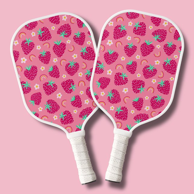 Raquette De Pickleball Jolie fraise estivale arc-en-ciel marguerite flora (Strawberry daisy flower rainbow pink pickleball paddle)