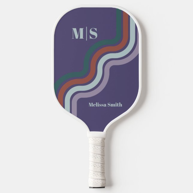 Raquette De Pickleball Lignes rétro avec initiales et nom couleur moderne (Recto)