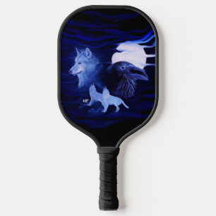 Raquette De Pickleball Loups et corbeau avec pleine lune
