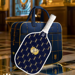 Raquette De Pickleball Luxury Navy Blue & Gold Lattice Monogram