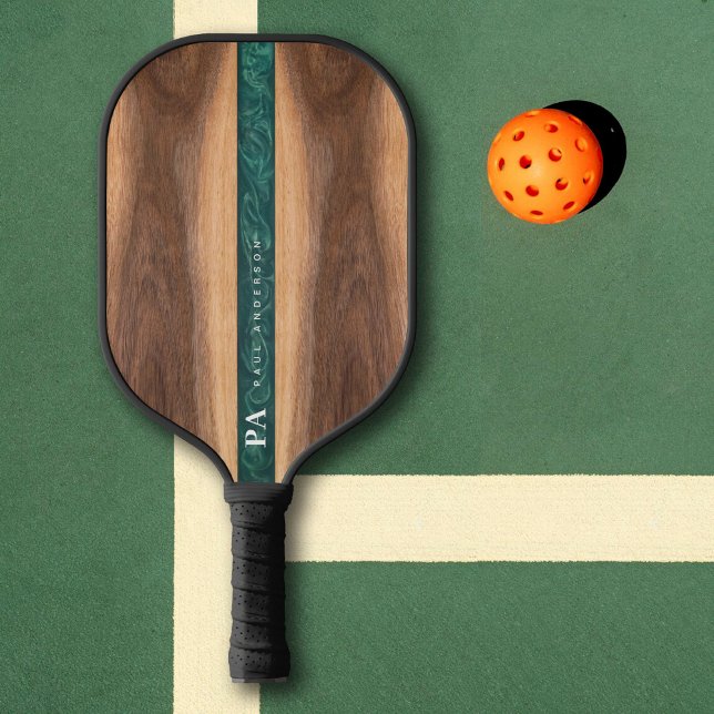 Raquette De Pickleball Marbre vert noyer Nom du monogramme personnalisé (Créateur téléchargé)