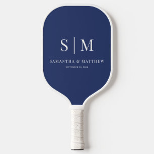 Raquette De Pickleball Mariage à Initiales de Couple Simple Bleu Marine