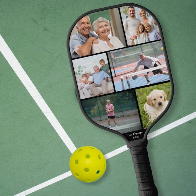 Raquette De Pickleball Meilleur grand-père papa Jamais Photo Collage noir (Créateur téléchargé)