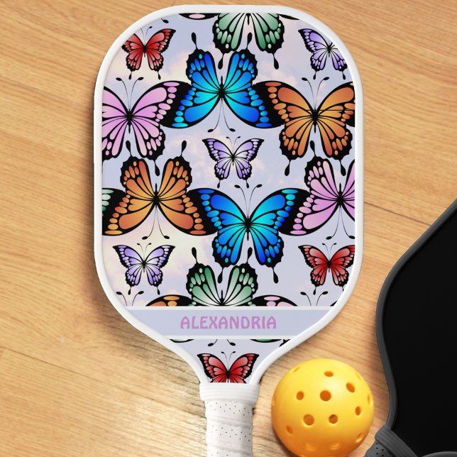 Raquette De Pickleball Mignonne Filles Papillon Motif Whimsical Blue Nom (cute whimsical colorful butterfly  pattern pickleball paddle)