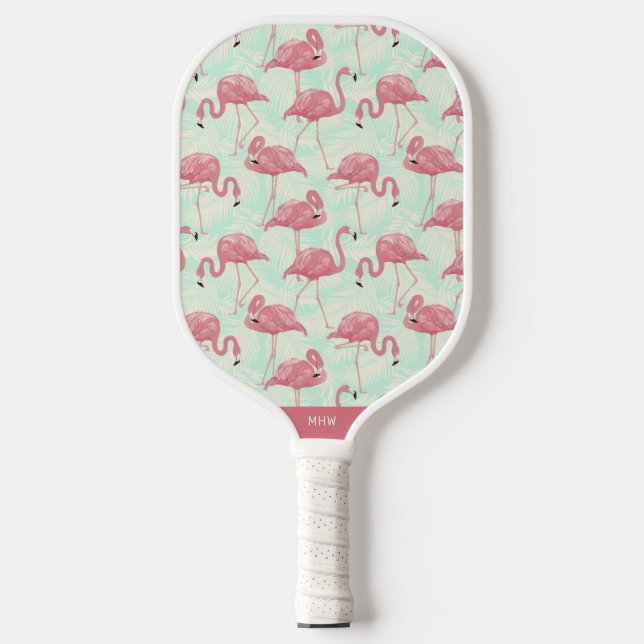 Raquette De Pickleball Modèle Flamingo mignon monogramme personnalisé (Recto)