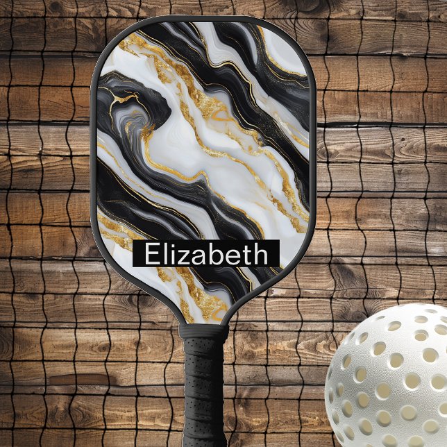 Raquette De Pickleball Modern Black White Gold Marble Personalized (Créateur téléchargé)