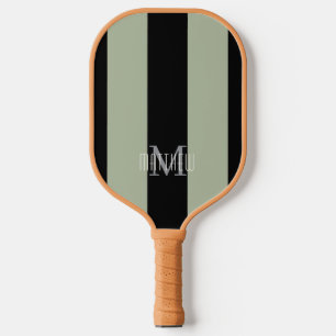 Raquette De Pickleball Moderne Monogramme Noir Rayure Vert Sauge