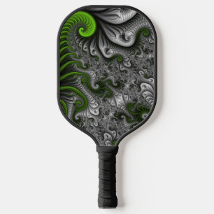 Raquette De Pickleball Monde Fantastique Art Fractal Abstrait Vert Et Gri