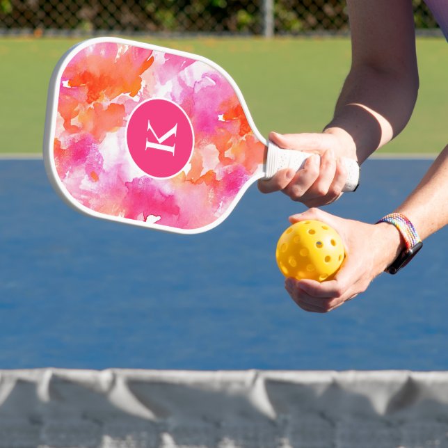 Raquette De Pickleball Monogramme Aquarelle rose orange Abstrait (Insitu)
