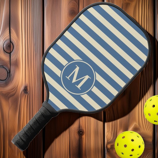 Raquette De Pickleball Monogramme bleu Capri rayé Polo du milieu du siècl (Créateur téléchargé)