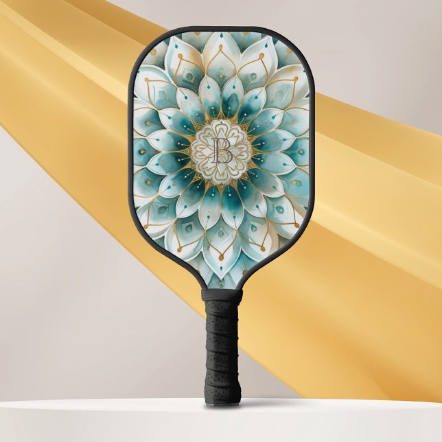 Raquette De Pickleball Monogramme Blue Turquoise or Floral Mandala (Créateur téléchargé)