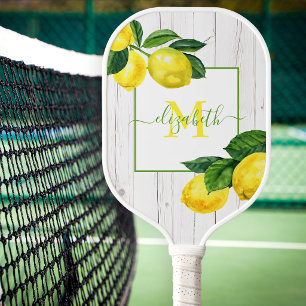 Raquette De Pickleball Monogramme country citrons aquarelle sur bois rust