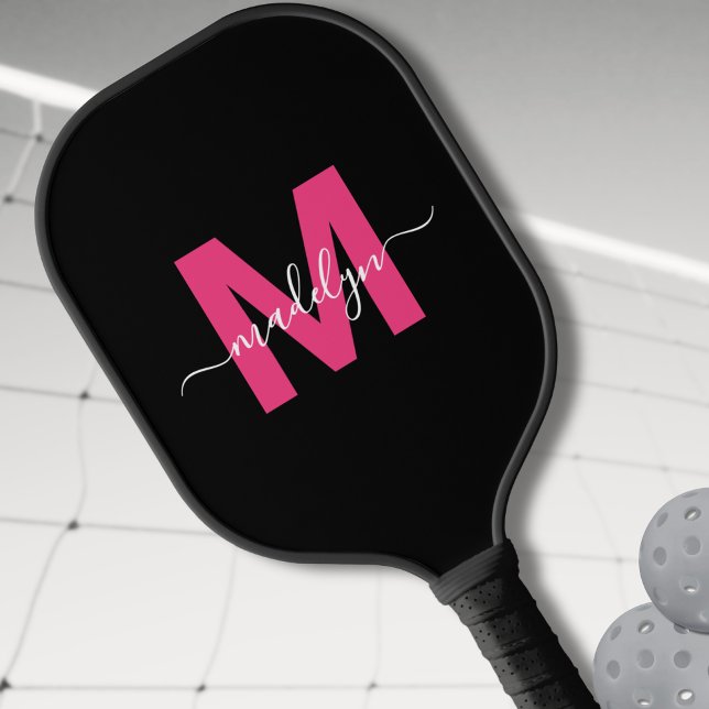 Raquette De Pickleball Monogramme de nom de script moderne rose personnal (Custom Pink Modern Script Name Monogram Pickleball Paddle)