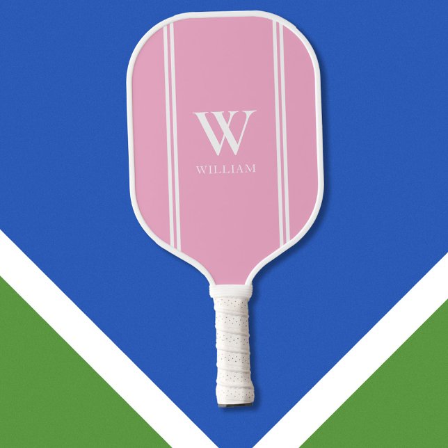 Raquette De Pickleball Monogramme de nom initial rose et blanc moderne (Créateur téléchargé)