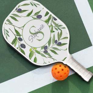 Raquette De Pickleball Monogramme de nom motif olive aquarelle