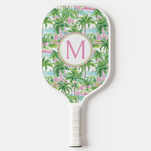 Raquette De Pickleball Monogramme de palmiers roses et verts Preppy