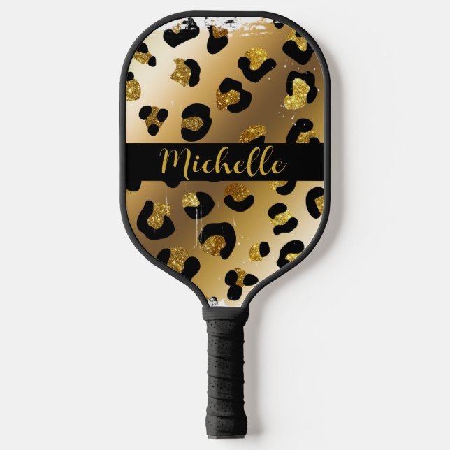 Raquette De Pickleball Monogramme de Poster de animal Léopard Noir et Or (Recto)