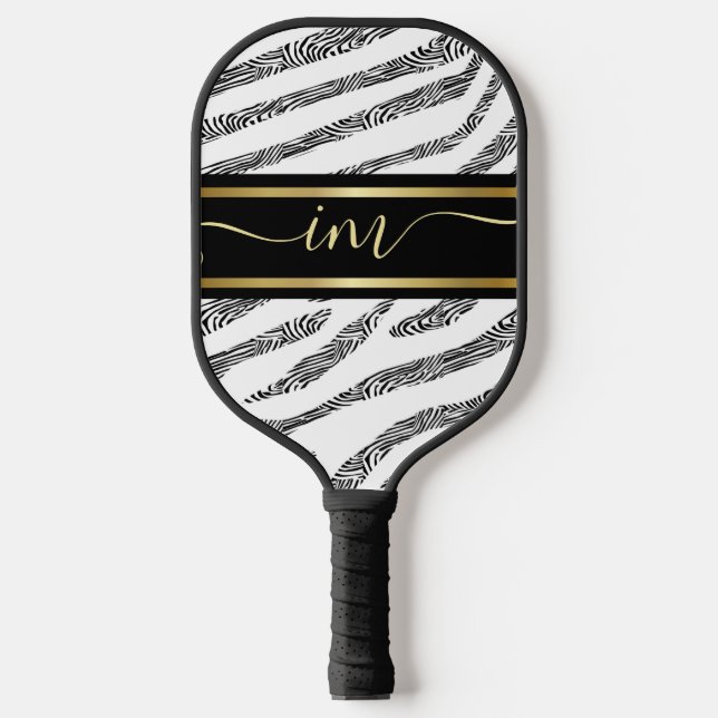 Raquette De Pickleball Monogramme d'or Initial et nom Zèbre personnalisé (Recto)