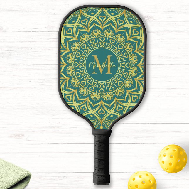 Raquette De Pickleball Monogrammé Élégante Fille Mandala Vert Turquoise (Créateur téléchargé)