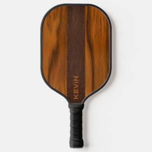 Raquette De Pickleball Monogramme En Bois D'Acajou Et Texture En Cuir