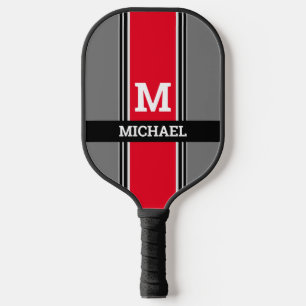 Raquette De Pickleball Monogramme et nom en gras, Gris rouge et Gris noir