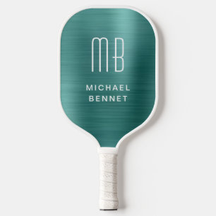 Raquette De Pickleball Monogrammé Faux Vert Émeraude Métal Brossé