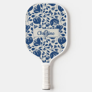 Raquette De Pickleball Monogramme floral bleu marine, Conception moderne