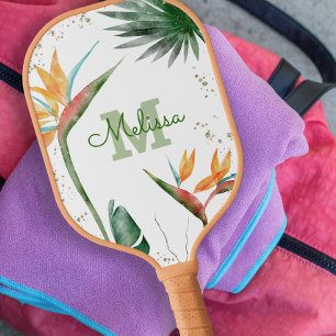 Raquette De Pickleball Monogramme floral de l'île tropicale Or blanc