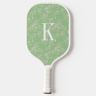 Raquette De Pickleball Monogramme floral vert et rose personnalisé