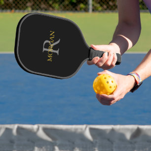 Raquette De Pickleball Monogramme gris et nom or sur noir