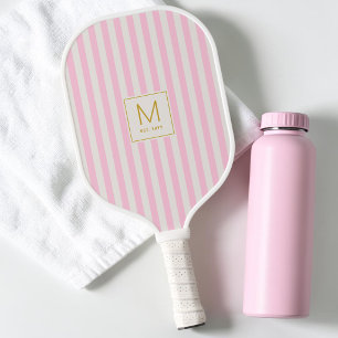 Raquette De Pickleball Monogramme Initiale Simple en Or avec Rayures Rose