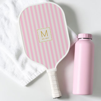 Raquette De Pickleball Monogramme Initiale Simple en Or avec Rayures Rose