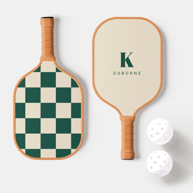 Raquette De Pickleball Monogramme moderne Green Checker (Créateur téléchargé)