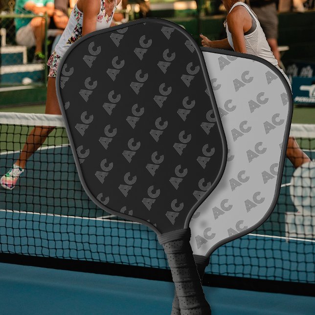 Raquette De Pickleball Monogramme moderne noir et gris (Créateur téléchargé)