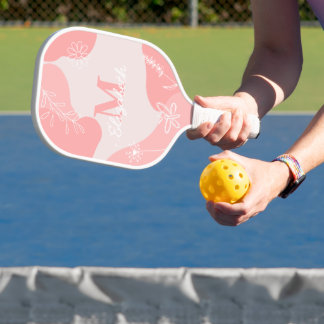 Raquette De Pickleball Monogramme moderne rose pâle | Doodles fleurs sauv