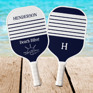 Raquette De Pickleball Monogramme Navy Bandes Nautiques Côtières Plage