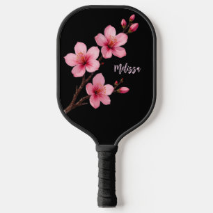 Raquette De Pickleball Monogramme noir en fleurs de cerisier d'aquarelle