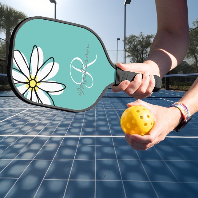Raquette De Pickleball Monogramme Nom Flower Daisy (Créateur téléchargé)
