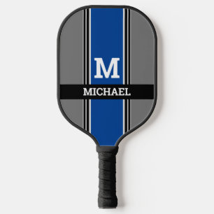 Raquette De Pickleball Monogramme & Nom Gris et Blanc Bleu Profond. Rayur