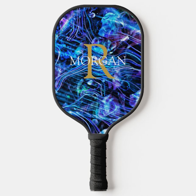 Raquette De Pickleball Monogramme Or & Nom Blanc Crystal Abstrait (Recto)