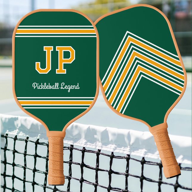 Raquette De Pickleball Monogramme personnalisé Nom Initiales Rétro Vert J (Créateur téléchargé)