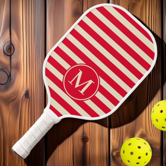Raquette De Pickleball Monogramme rose de cueillette de cerises à rayures (Créateur téléchargé)