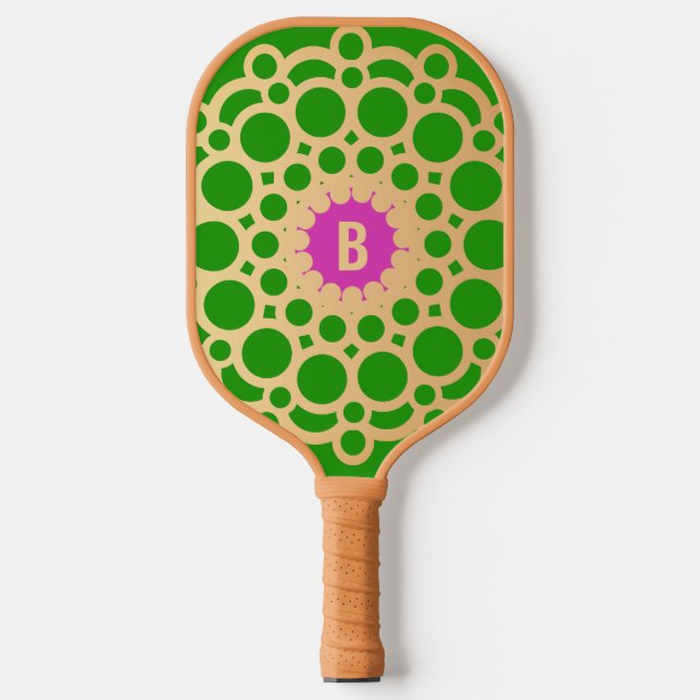 Raquette De Pickleball Monogramme rose et vert - Cercles d'or (Recto)