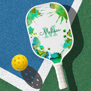 Raquette De Pickleball Monogramme Turquoise Vert Bleu Éclaboussure Aquare