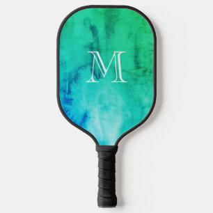 Raquette De Pickleball Monogramme Vert Aquarelle Bleu Texture Abstraite