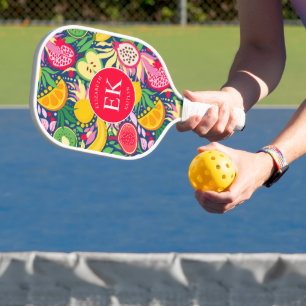 Raquette De Pickleball Motif aquarelle d'été monogramme de fruits tropica