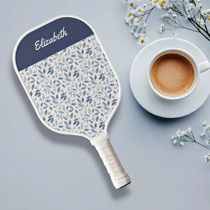 Raquette De Pickleball Motif botanique à l'aquarelle bleue avec nom perso