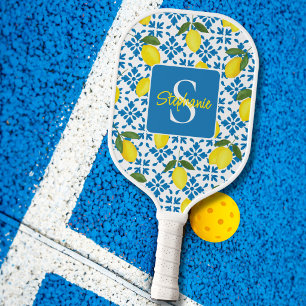 Raquette De Pickleball Motif de carreau français bleu avec nom monogrammé