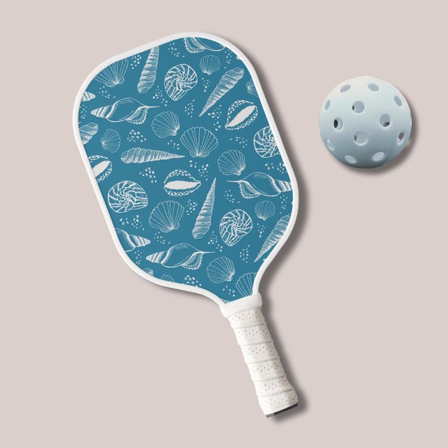 Raquette De Pickleball Motif de coquillage bleu (Sea shell pattern pickleball paddle in blue coastal colours)