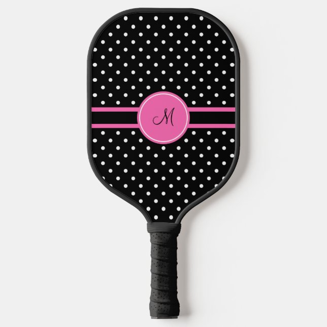 Raquette De Pickleball Motif de point de Polka blanc et noir Monogram (Recto)